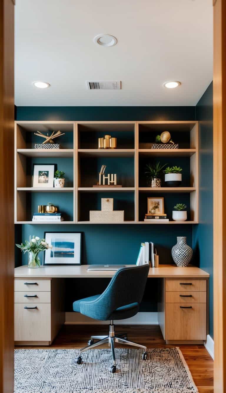 A modern home office with built-in shelves adorned with stylish decor