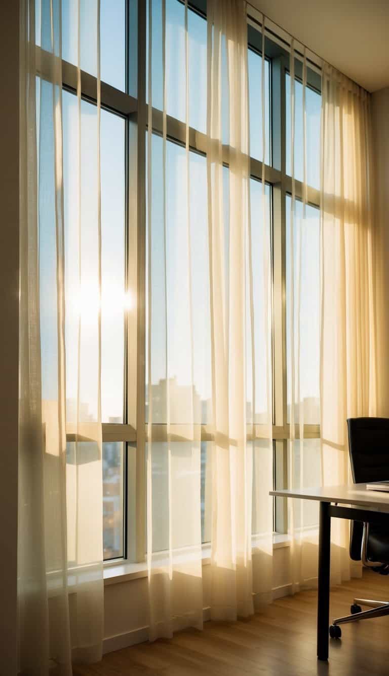 Sunlight streams through large windows, casting a soft glow on the sheer curtains in a modern home office