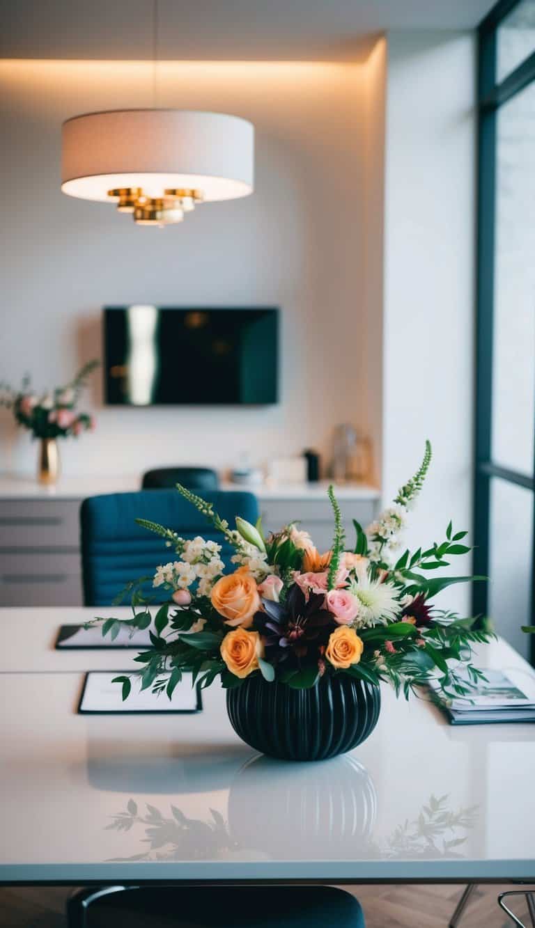 A sleek desk with a modern floral centerpiece in a stylish home office