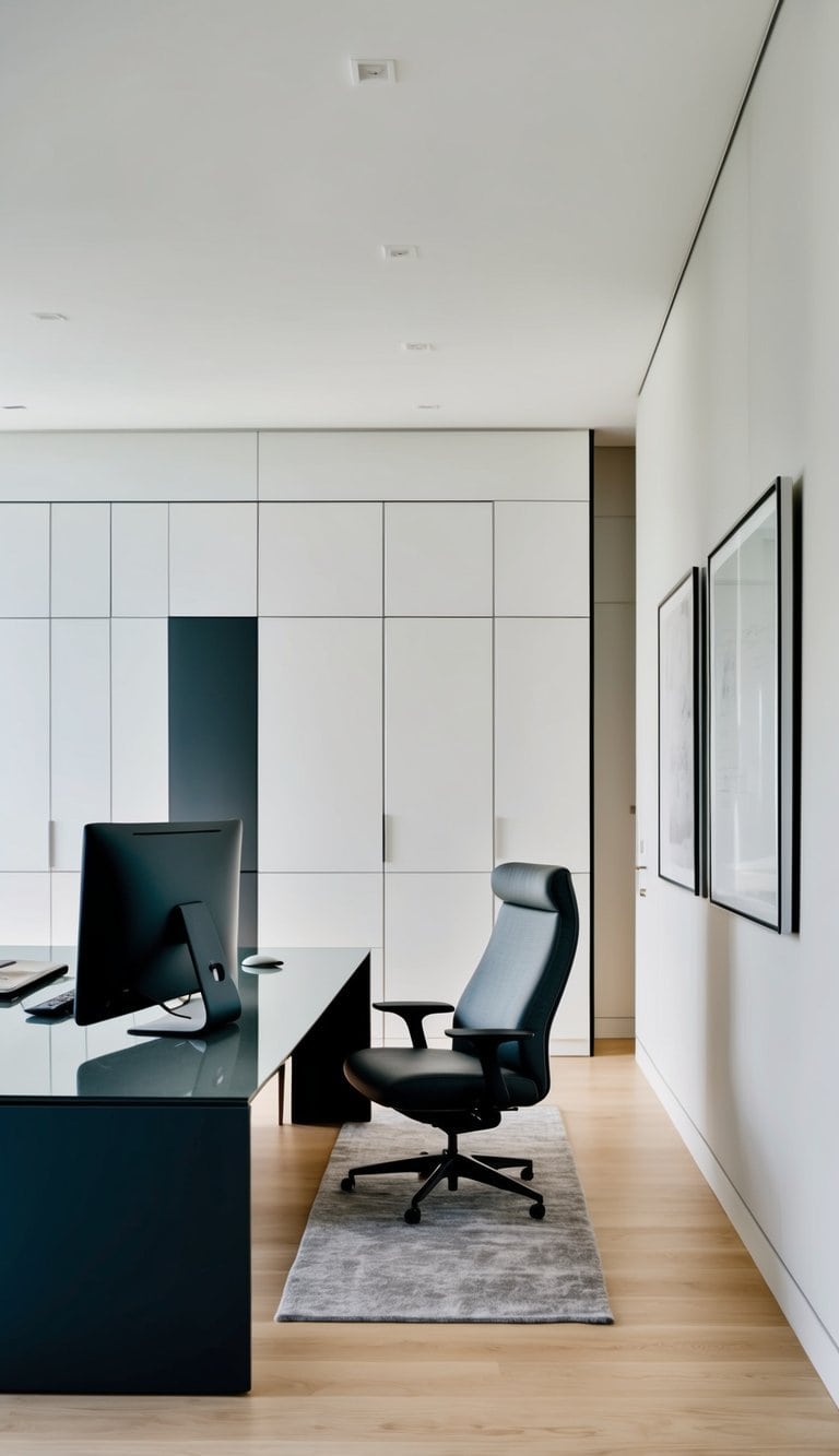 A sleek, minimalist home office with clean lines, modern furniture, and muted artwork on the walls. A large desk with a sleek computer and a comfortable chair completes the stylish workspace