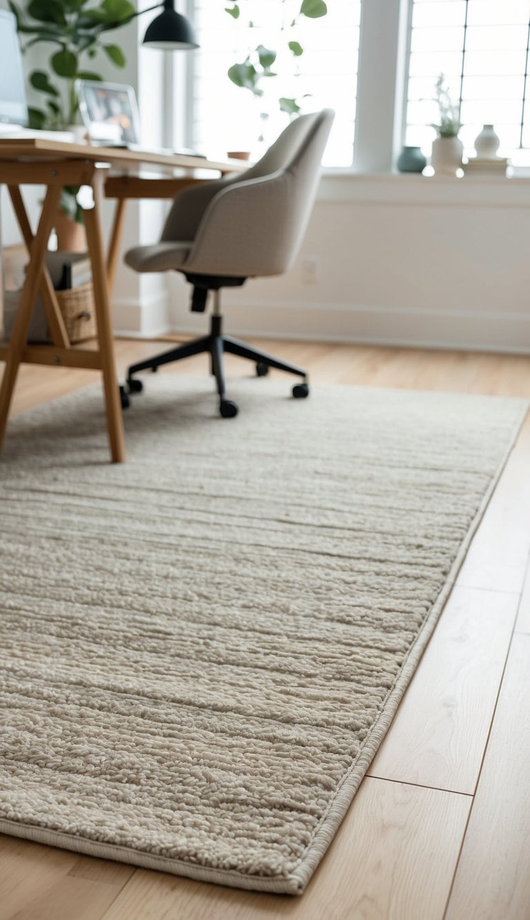 A neutral rug layered on light wood floors in a modern home office with stylish decor