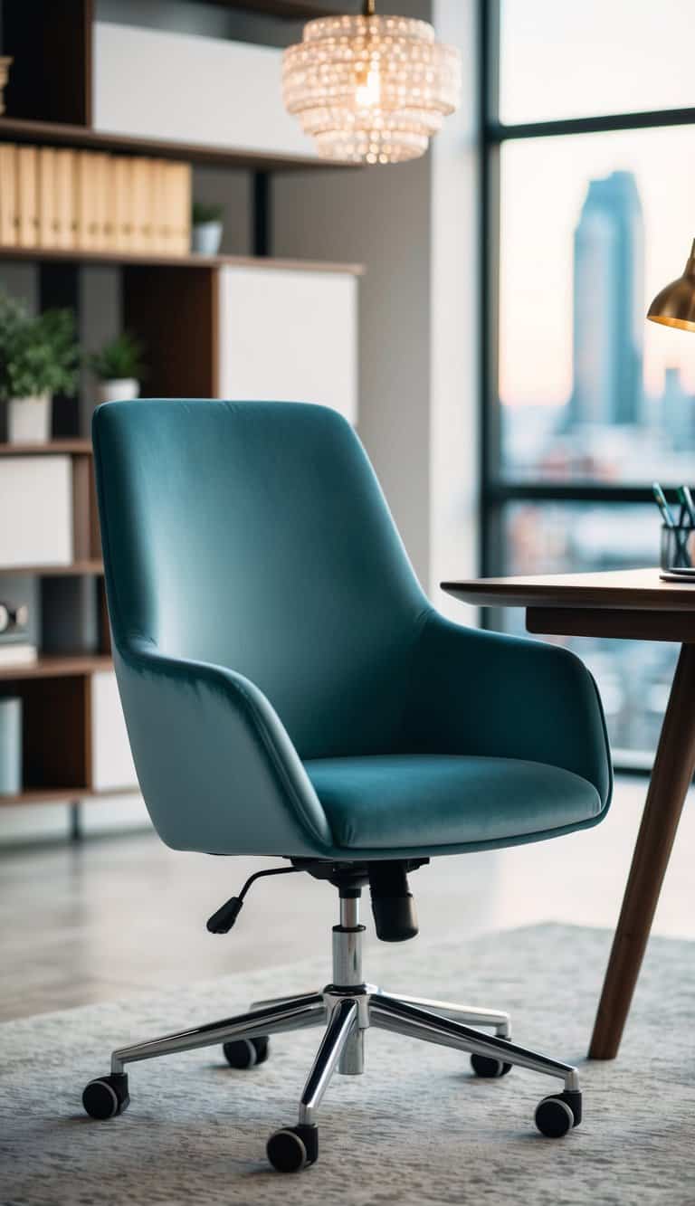 A sleek modern office chair with upholstery in a stylish home office setting