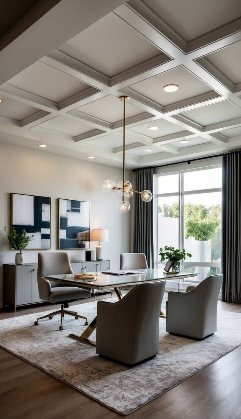 A modern home office with a coffered ceiling, sleek furniture, and stylish decor exuding elegance and sophistication