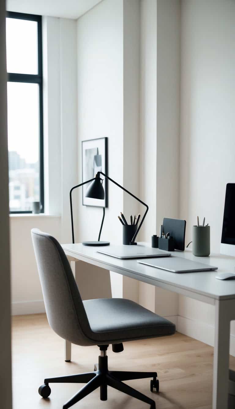 A sleek, organized desk with modern accessories and a minimalist design. Clean lines and neutral colors create a stylish and functional workspace