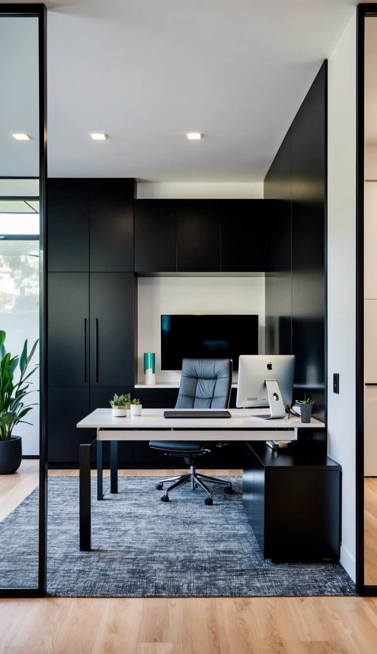 A sleek, modern home office with strategic black accents, featuring clean lines, minimalist furniture, and pops of bold color for a stylish workspace