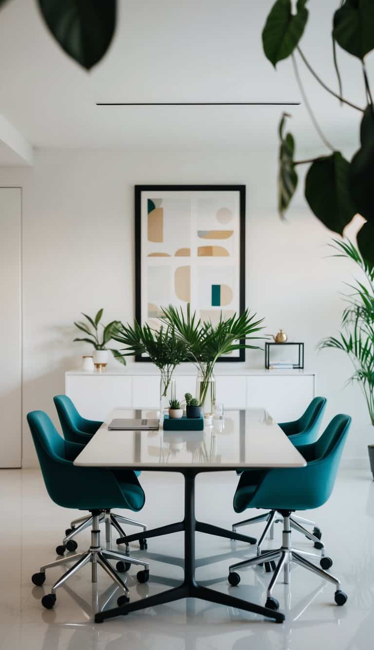 A sleek, symmetrical desk with matching chairs, adorned with modern decor and plants, set against a backdrop of clean, minimalist design in a home office