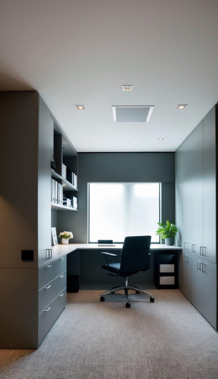 A sleek and organized home office with hidden storage compartments for a clutter-free design. Modern furniture and stylish decor create a minimalist and functional workspace