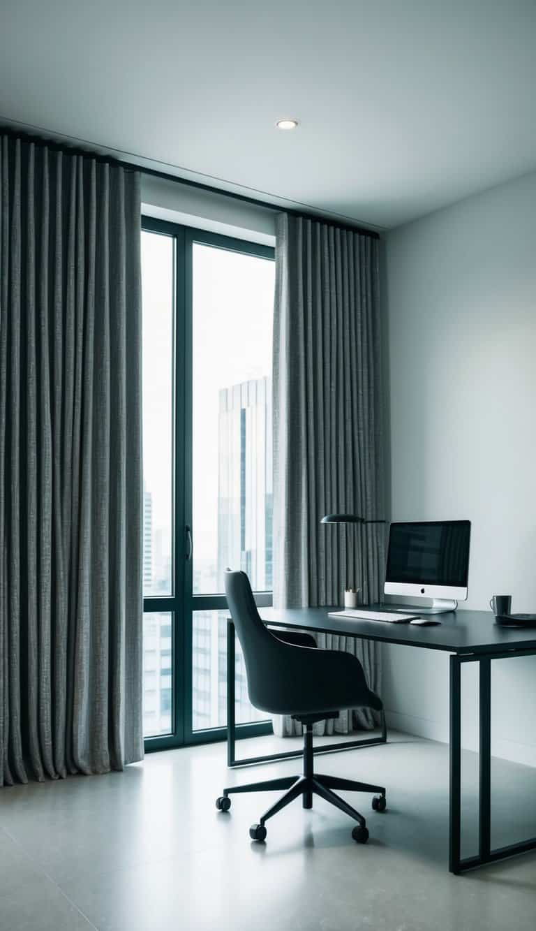 A sleek, minimalist home office with a large window covered by textured curtains, adding depth and dimension to the modern workspace