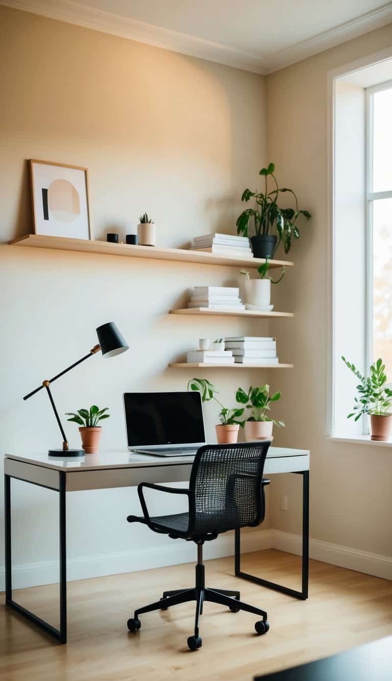 A sleek desk with a minimalist lamp, potted plant, and organized shelves in a bright, airy home office with warm, neutral tones