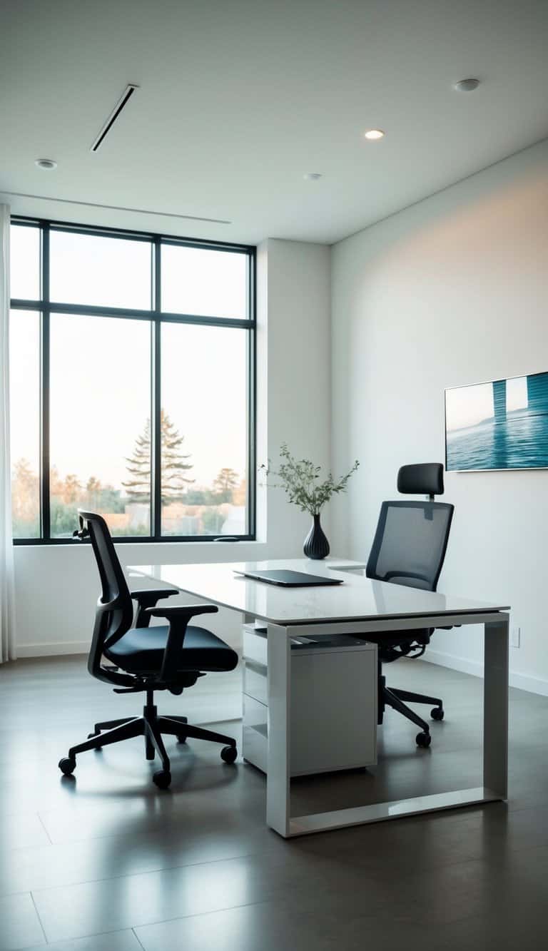 A sleek, minimalist home office with a large desk, ergonomic chair, modern decor, and ample natural light