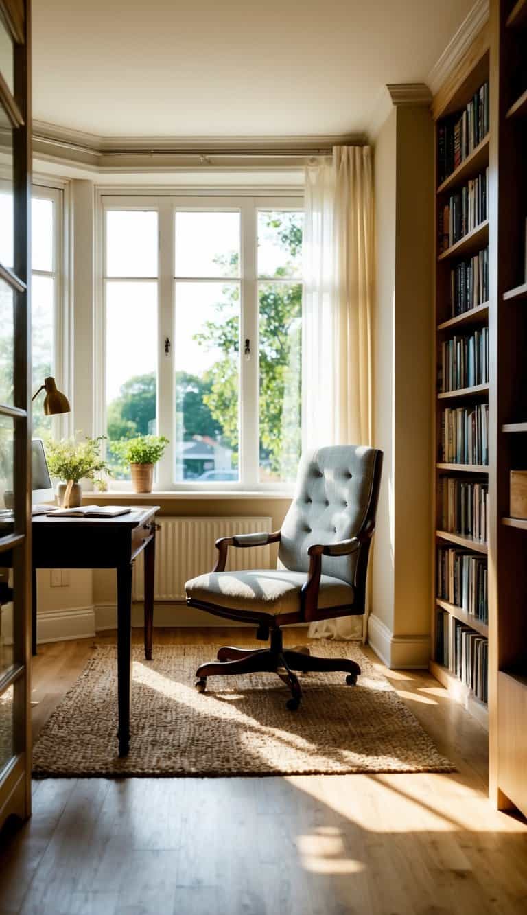 A cozy sitting room with a desk, bookshelves, and a comfortable chair. Sunlight streams in through the window, illuminating the space