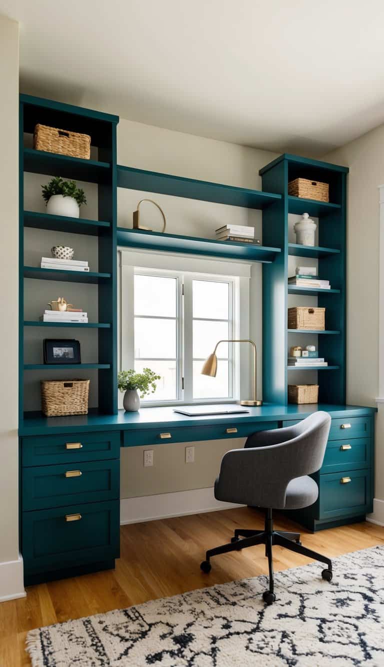 A modern desk with built-in shelves sits in a cozy room, serving as both a workspace and a stylish storage solution