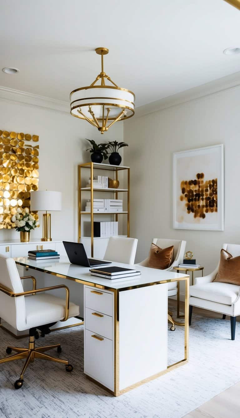 A white office with gold accents, featuring a sitting room and office combination