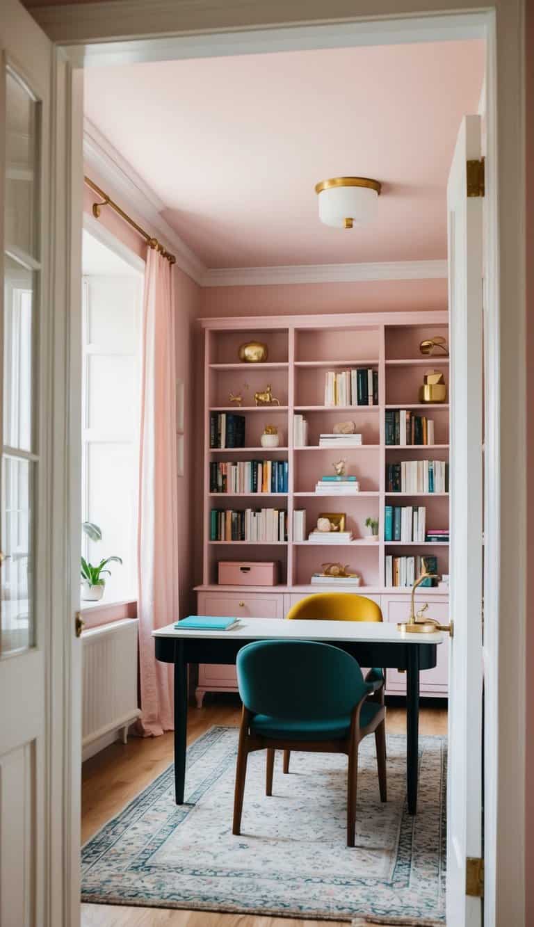 A cozy sitting room with light pink walls doubles as a home office, featuring a desk, chair, and bookshelves