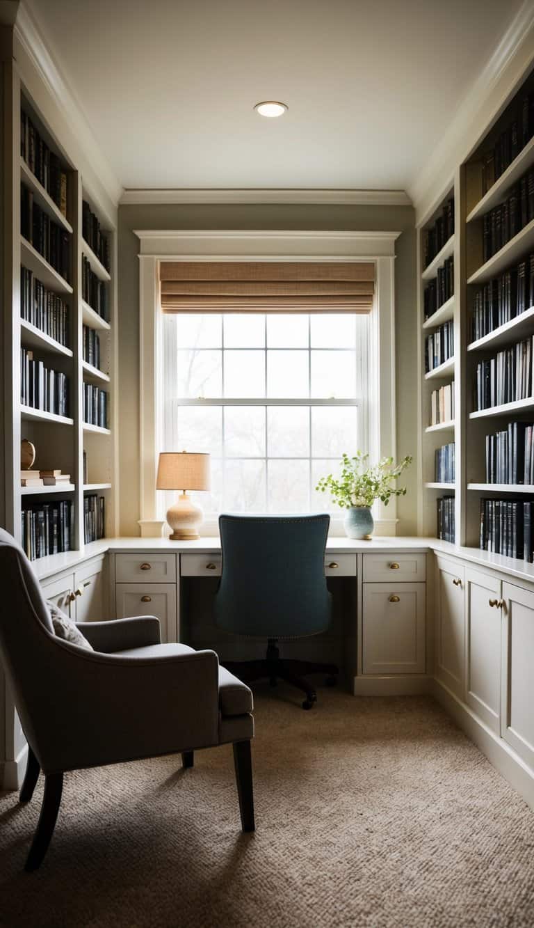 A cozy sitting room with a built-in desk and wall-mounted bookshelves. A comfortable chair and a small table complete the office area