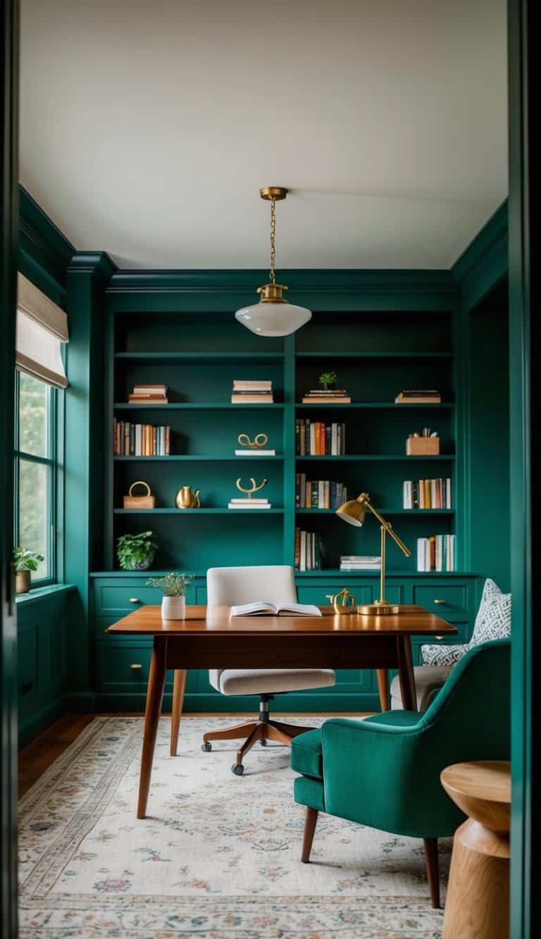 A cozy forest green office-sitting room combo with a desk, bookshelves, and comfortable seating area