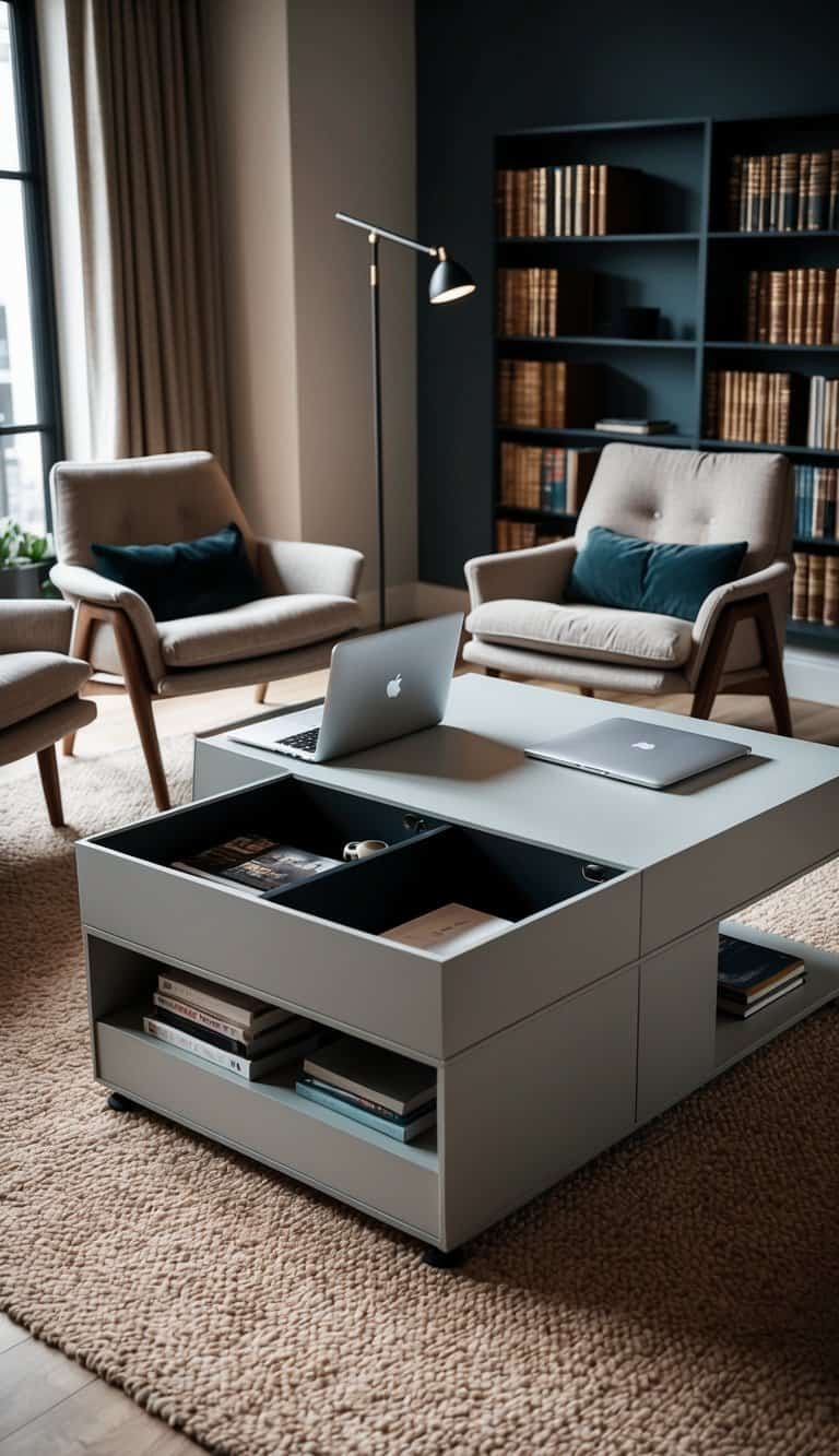 A sleek, modern coffee table with built-in storage compartments sits in the center of a cozy sitting room, surrounded by comfortable chairs and shelves of books. A laptop and desk lamp on one end of the table suggest it also serves as a functional office space