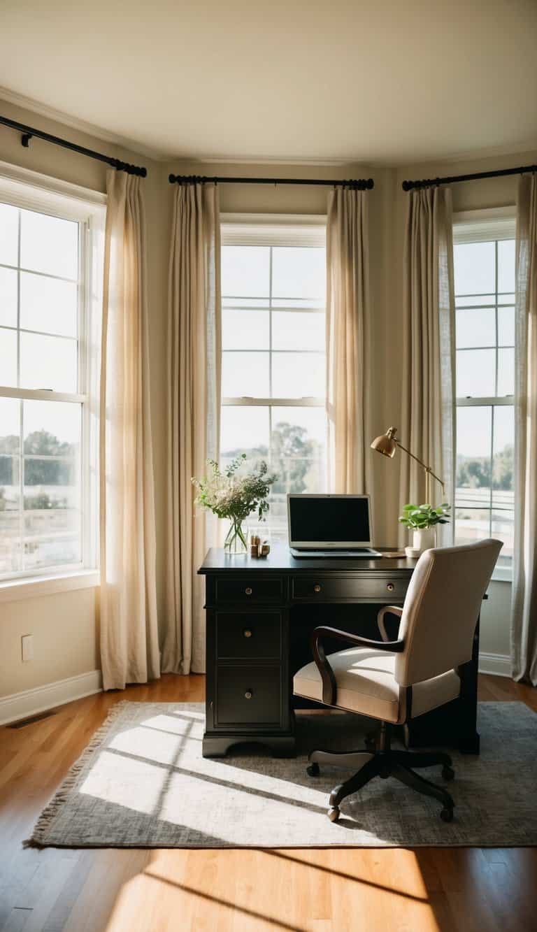 A sunlit sitting room with a large desk and linen curtains