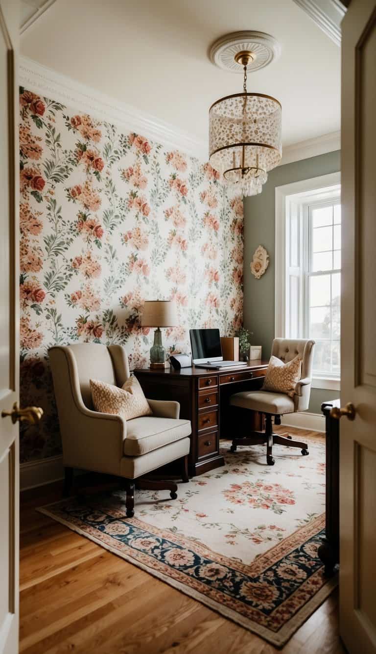 A cozy sitting room and office combo with floral wallpaper 21