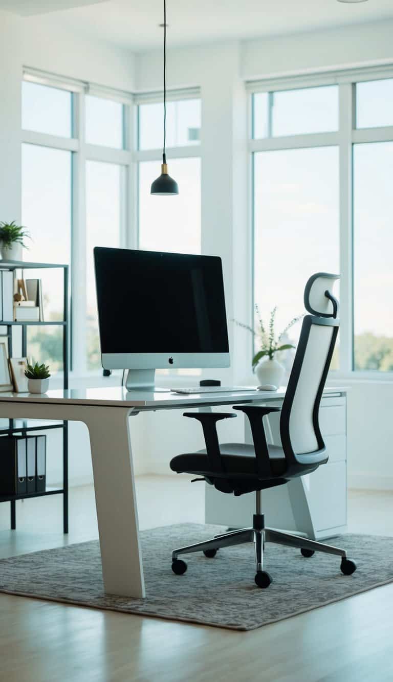 A sleek desk with a computer, a comfortable chair, bookshelves, and modern decor in a bright, airy room with large windows