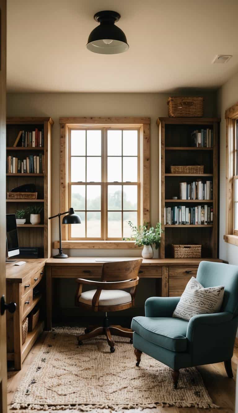 A cozy sitting room with a farmhouse style home office, featuring rustic furniture, a large desk, bookshelves, and a comfortable armchair by the window