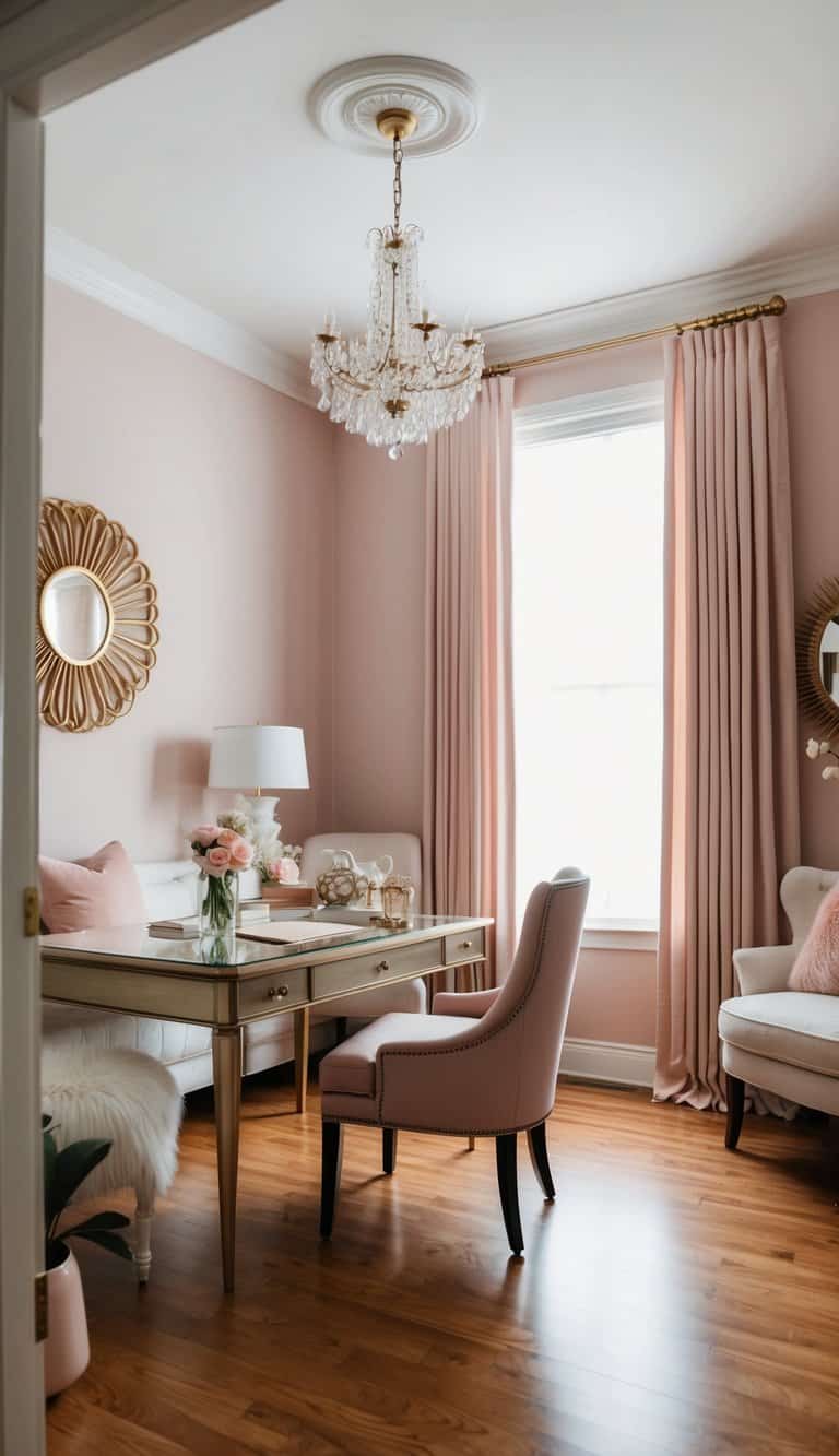 A stylish sitting room with a desk, chair, and feminine decor