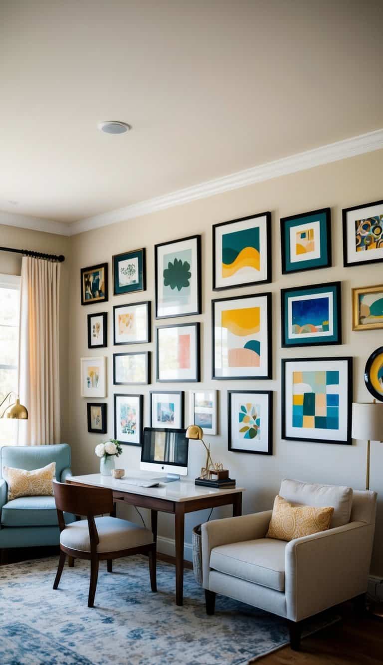 A cozy sitting room-office combo with a gallery wall of 21 art pieces in various sizes and styles. Comfortable seating, a desk, and natural light complete the inviting space