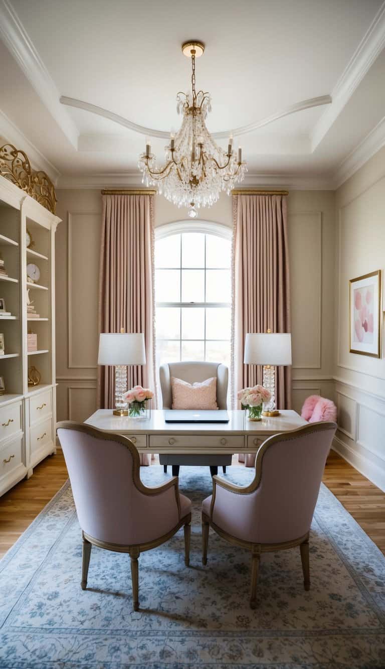 A spacious and elegant home office with a feminine touch, featuring a sitting area with comfortable chairs, a stylish desk, and decorative accents