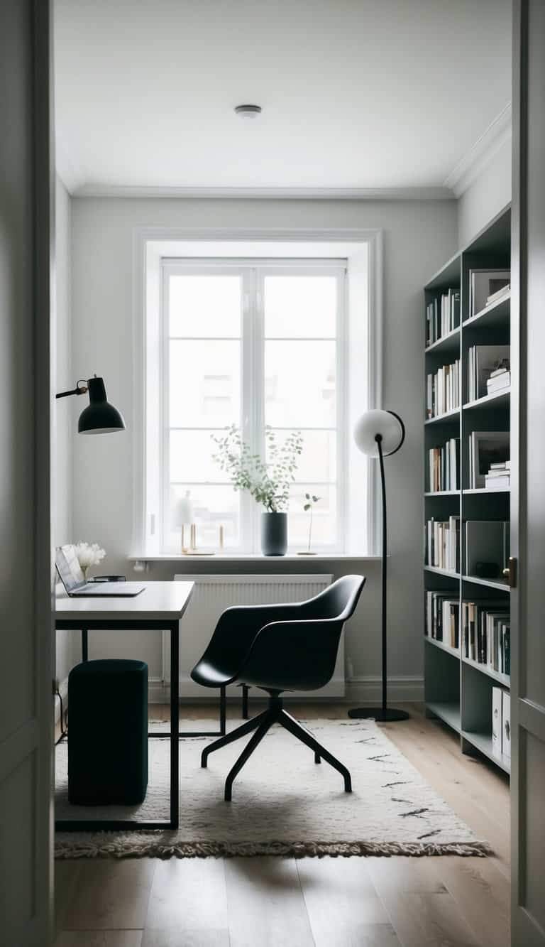 A cozy sitting room with a sleek desk, modern chair, and bookshelves, all in a minimalist Scandinavian style