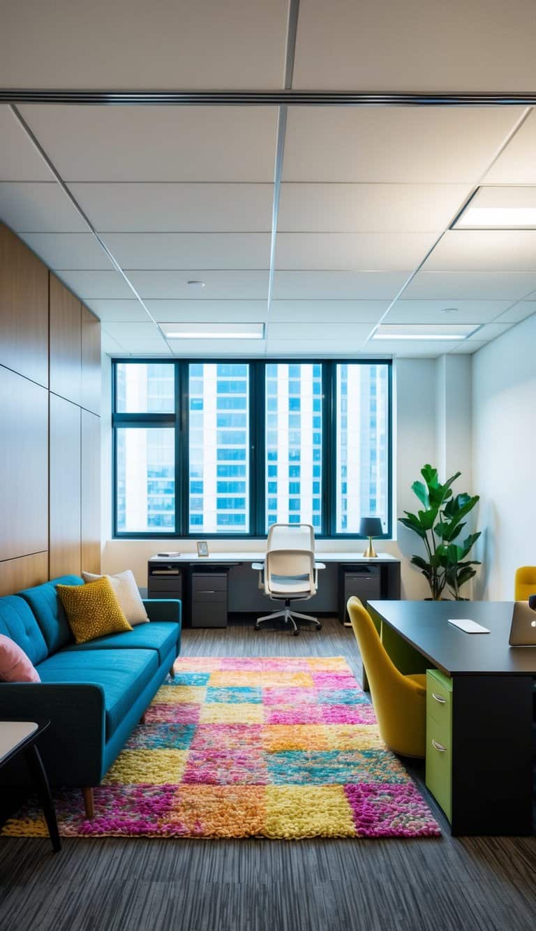 A colorful area rug divides the sitting area from the office space in a well-lit room with modern furniture and large windows