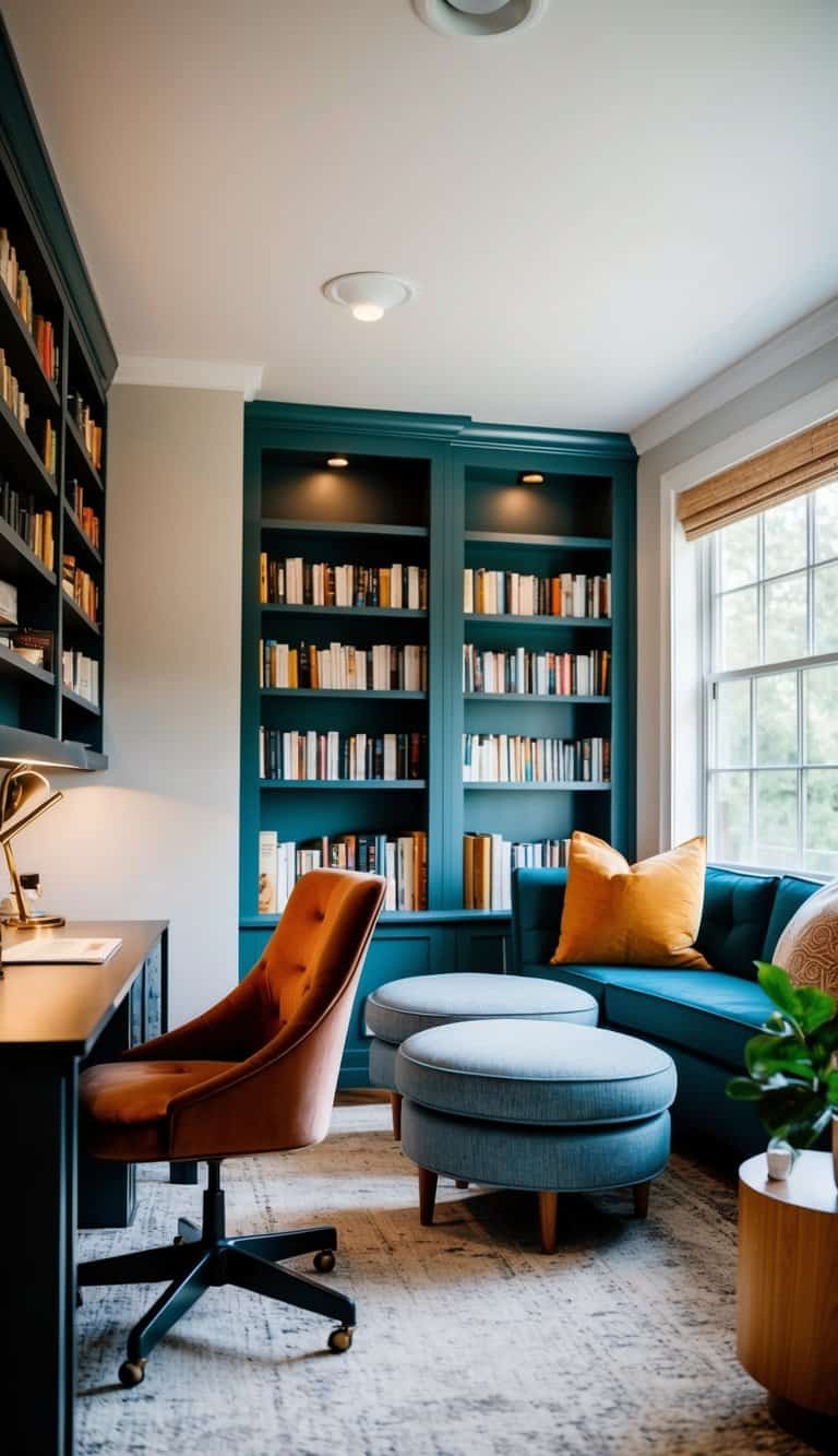 A cozy sitting area with a desk, bookshelves, and comfortable seating in a well-lit room