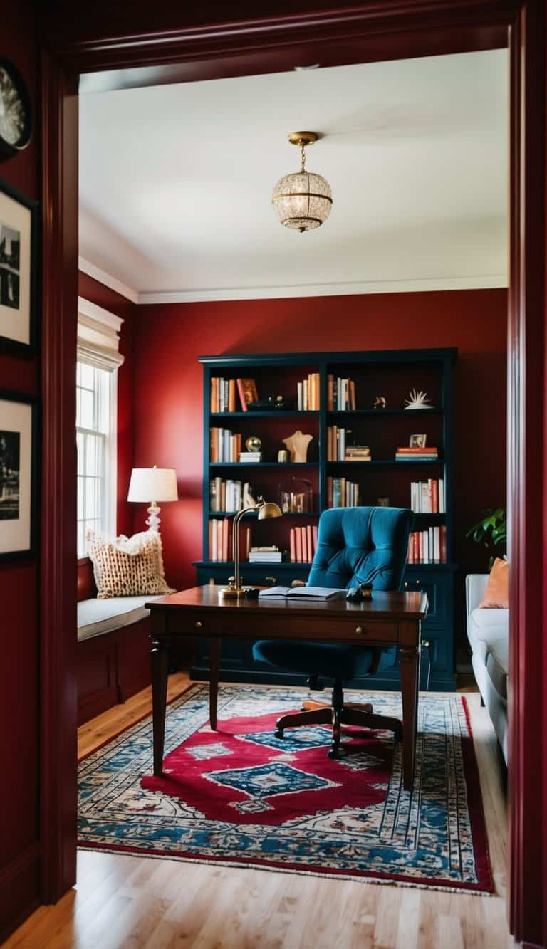 A cozy home office with deep red walls, a desk, bookshelves, and a comfortable sitting area