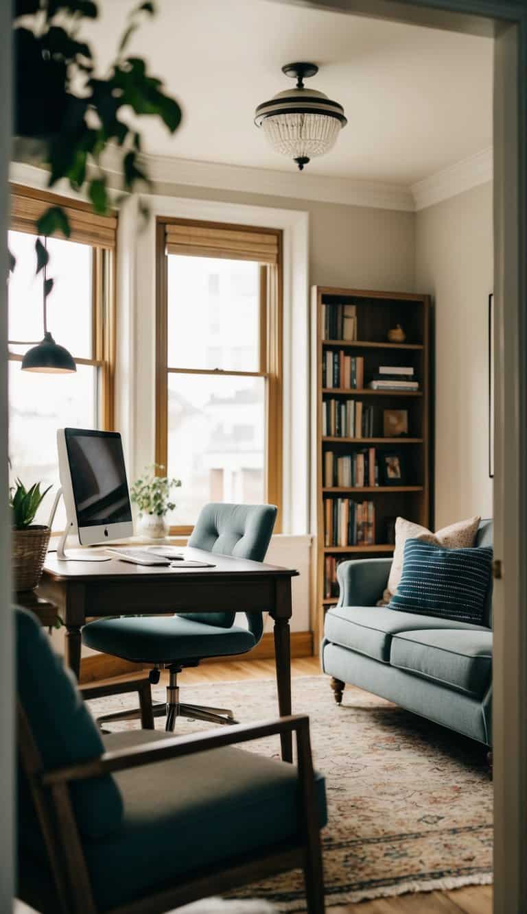 A cozy sitting room with a desk and computer, bookshelves, and comfortable seating. A combination of homey and professional elements