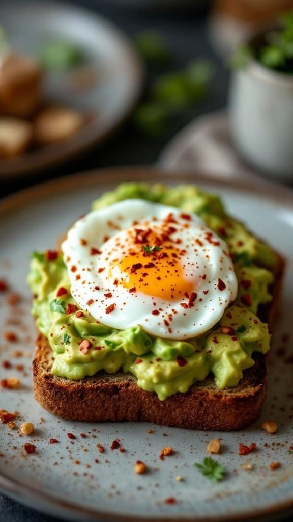 Avocado toast with a poached egg on top, garnished with chili flakes.