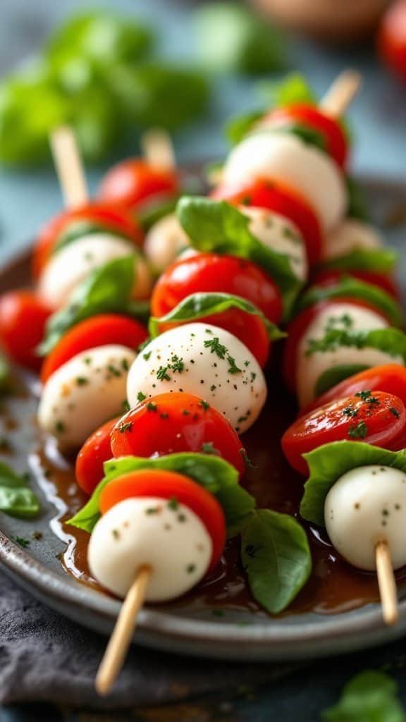 A plate of Caprese salad skewers with tomatoes, basil, and mozzarella cheese.