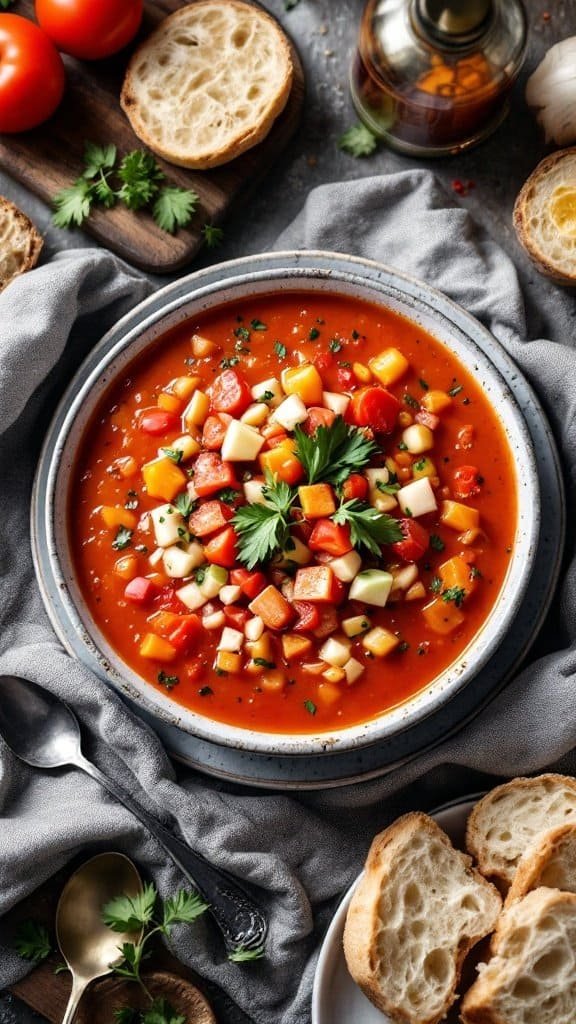 A bowl of chilled gazpacho with diced vegetables on top, surrounded by fresh tomatoes and slices of bread.