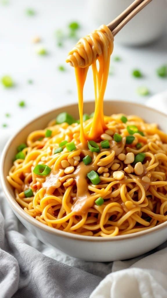 A bowl of cold noodle salad topped with peanut dressing and green onions.