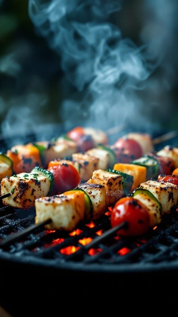 Grilled veggie and halloumi skewers on a barbecue grill.