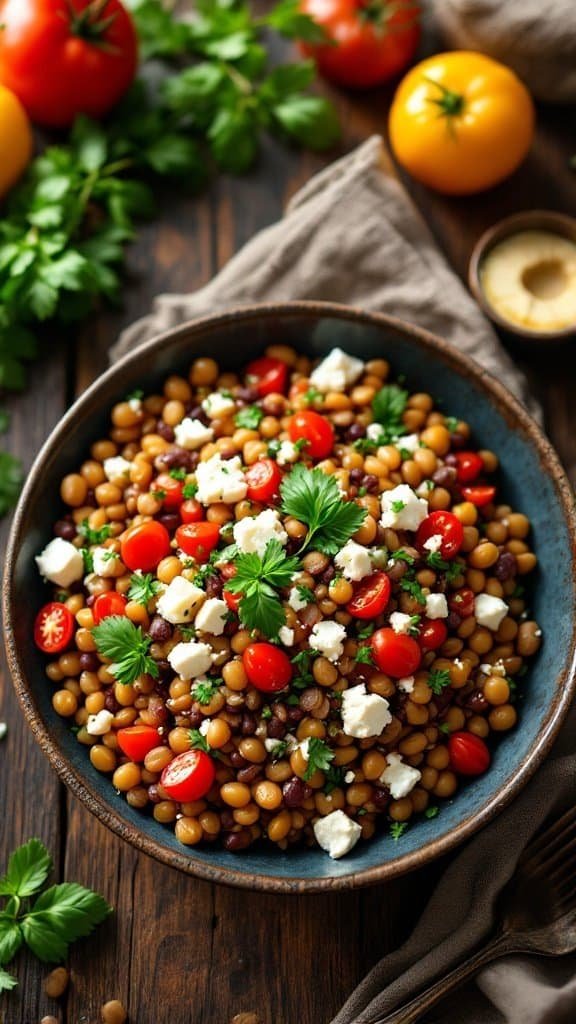 A vibrant lentil and feta salad with tomatoes and herbs in a bowl.