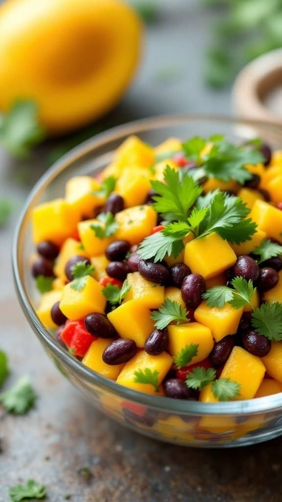 A bowl of mango and black bean salad with cilantro