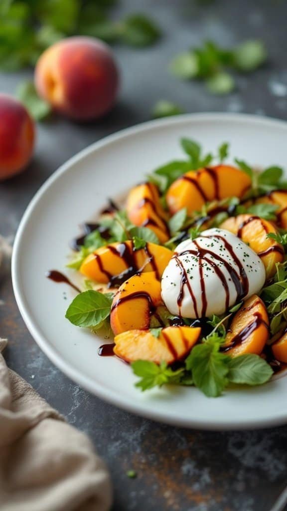 A fresh salad featuring peach slices, burrata cheese, and greens, drizzled with balsamic glaze.