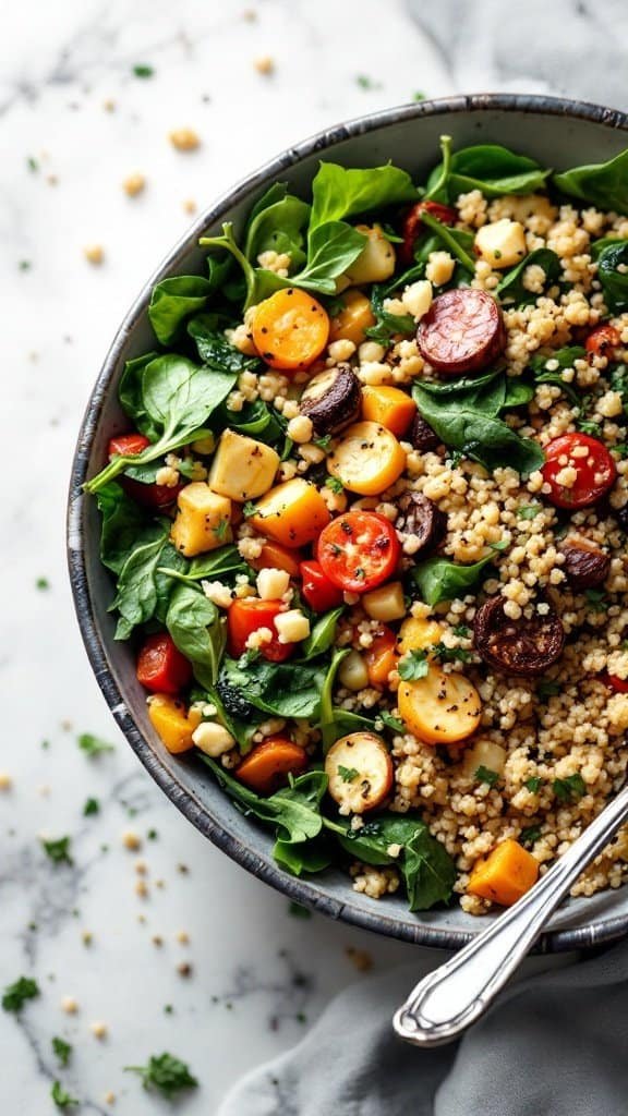 A hearty roasted vegetable grain bowl filled with fresh veggies and grains.