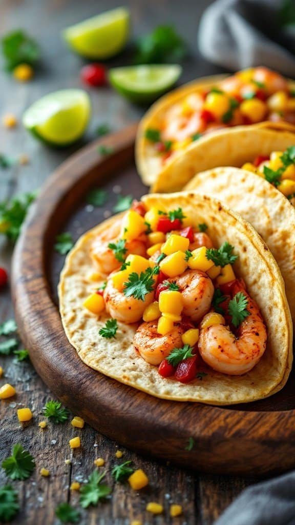 Shrimp tacos topped with mango salsa on a wooden plate.