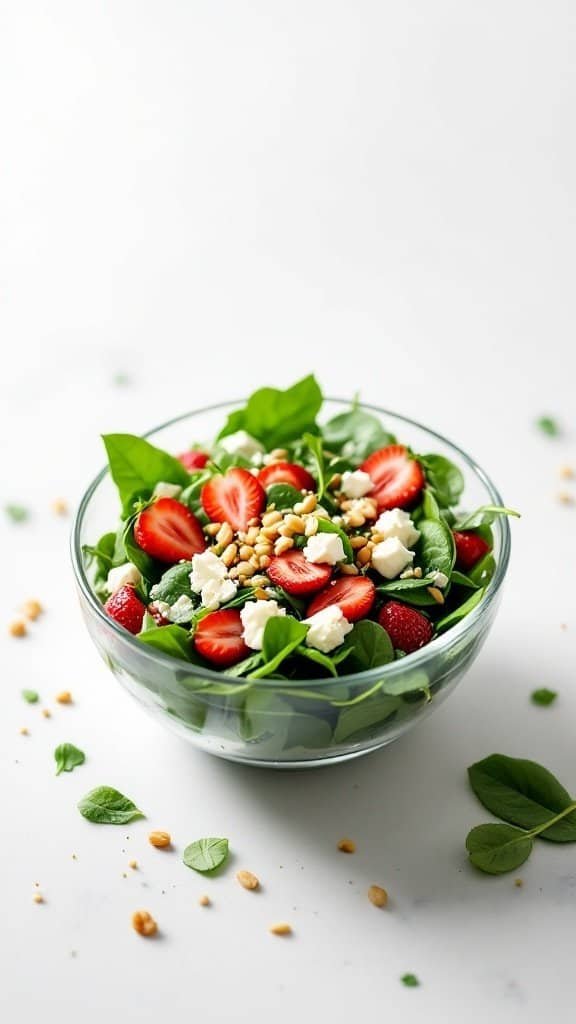 A fresh spinach and strawberry salad in a glass bowl with pine nuts and feta cheese.