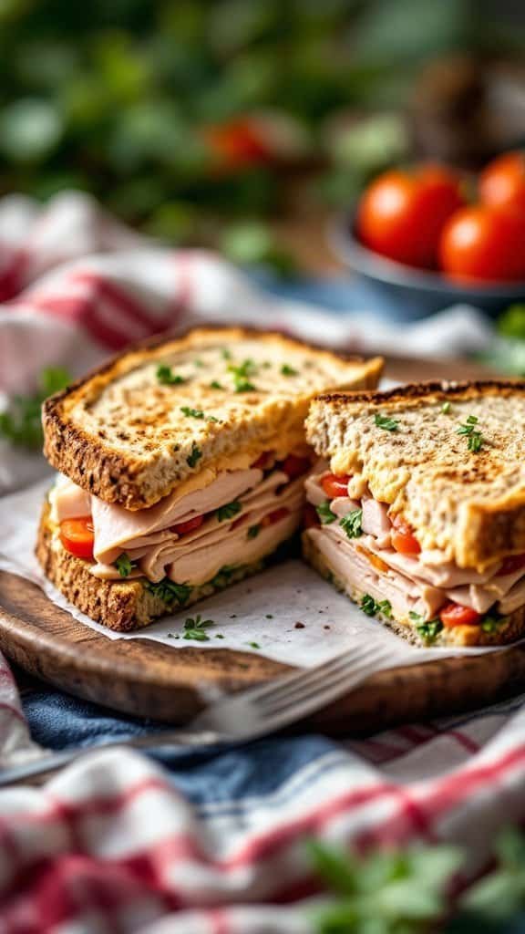 A delicious turkey and hummus sandwich cut in half, served on a wooden plate with fresh herbs and tomatoes in the background.