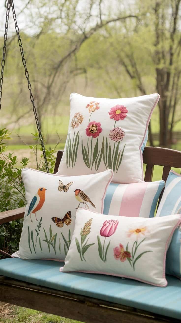 A collection of spring-themed pillows with floral designs on a porch swing.