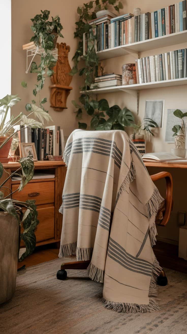A comfortable throw blanket draped over a chair in a home office setting.