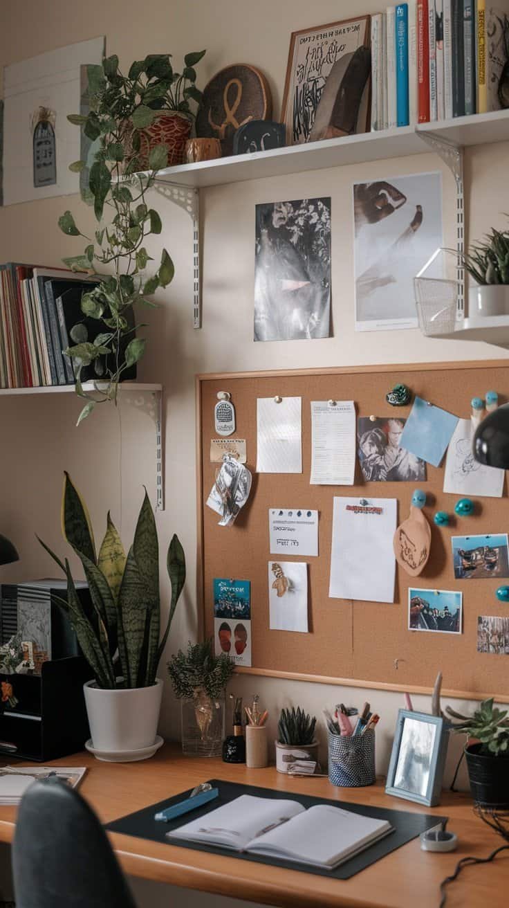 A cozy home office corner featuring a decorative bulletin board filled with notes, photos, and plants.