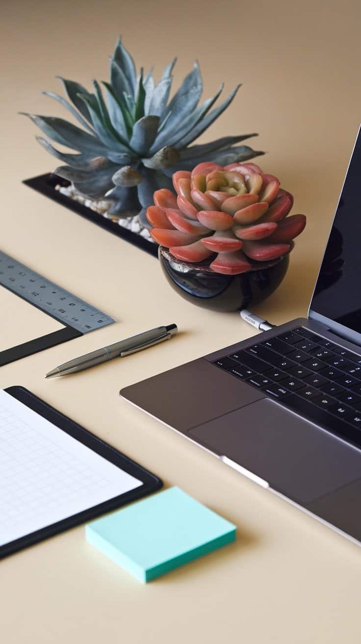 A close-up view of a desk featuring two decorative succulent plants, a laptop, a pen, and some stationery.