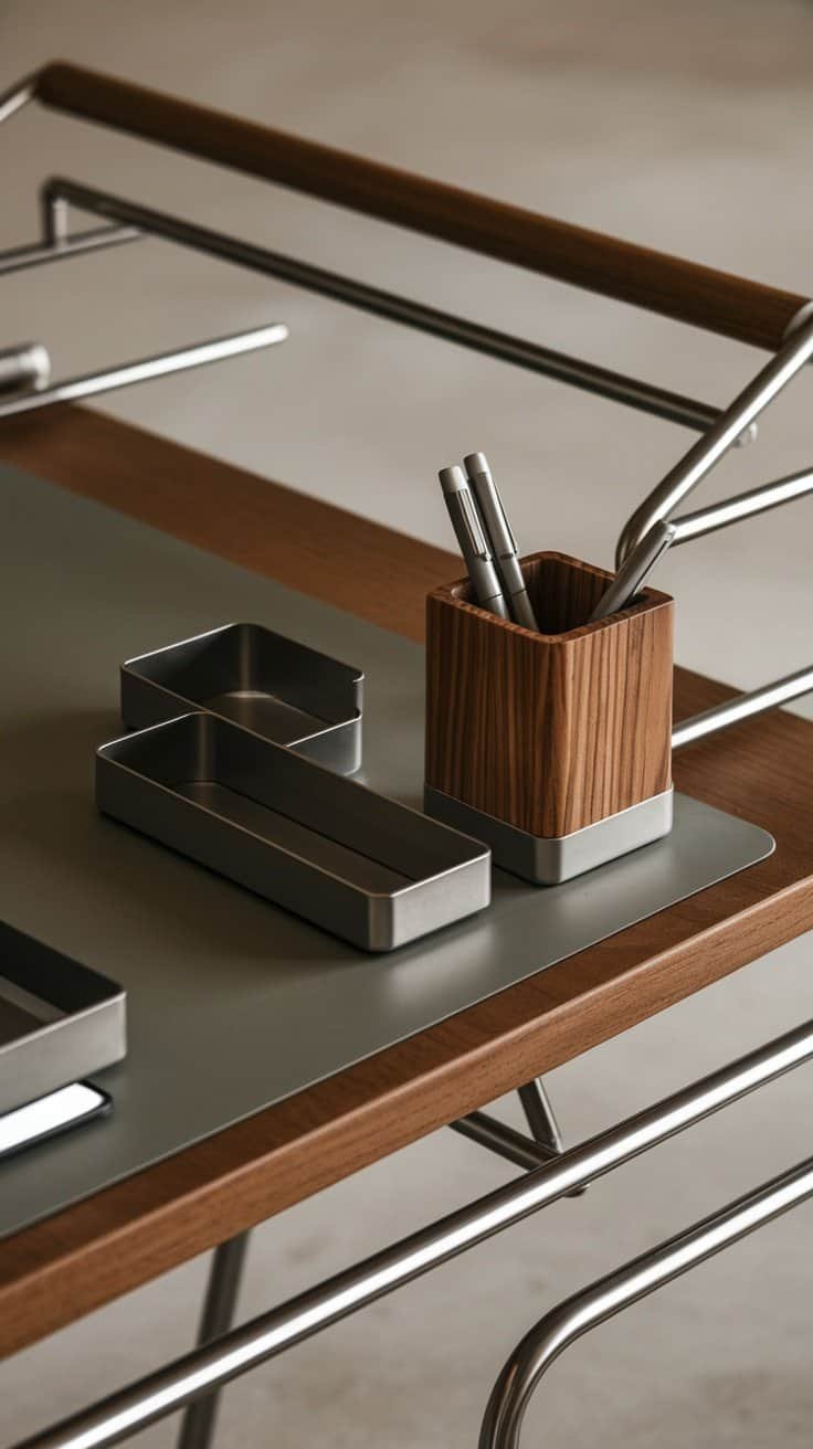 A desk accessory set featuring a wooden pencil holder and metal trays on a modern desk.